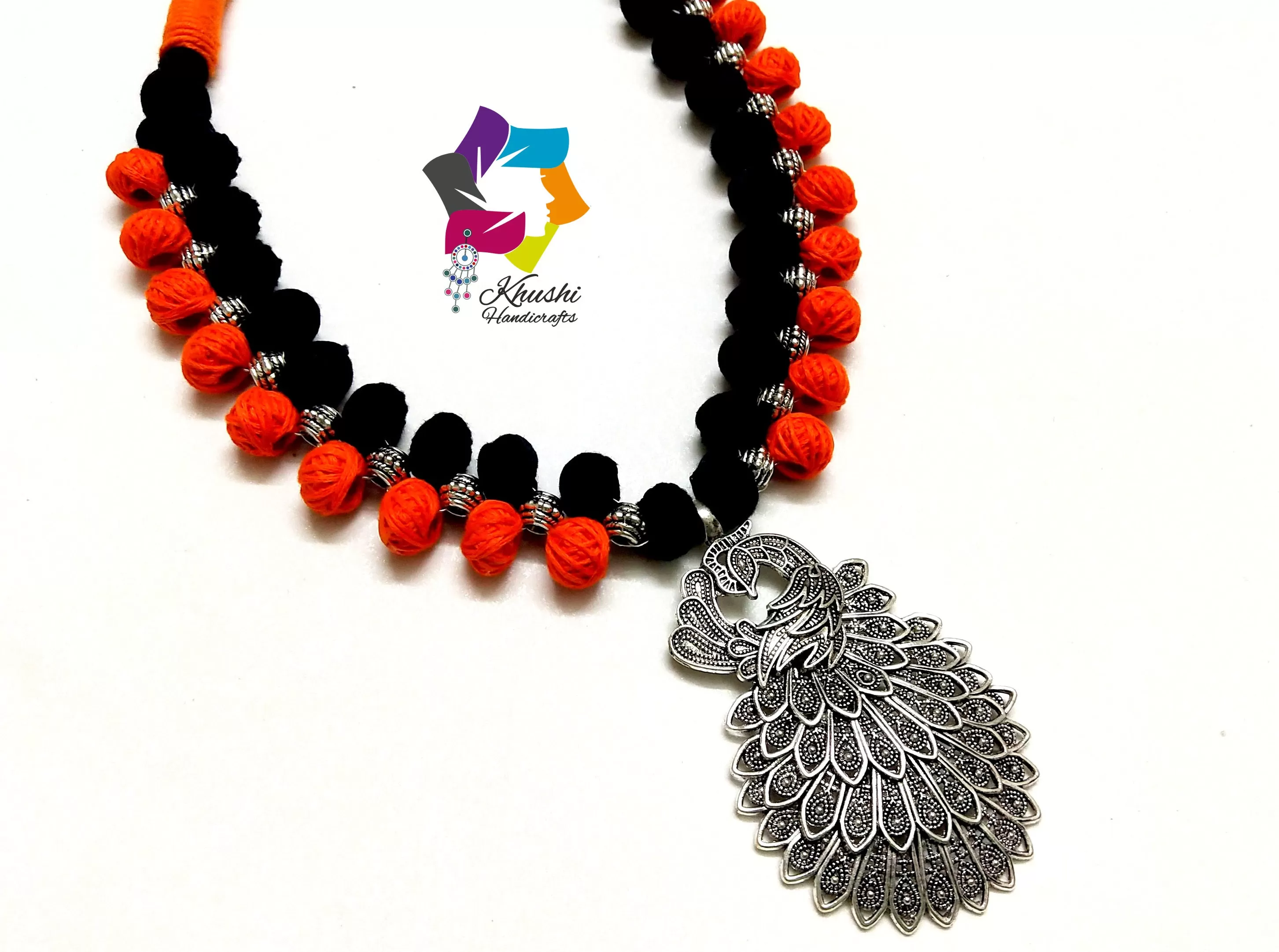 Peacock Oxidised silver Jewellery | Handmade German silver necklace in Black and Orange