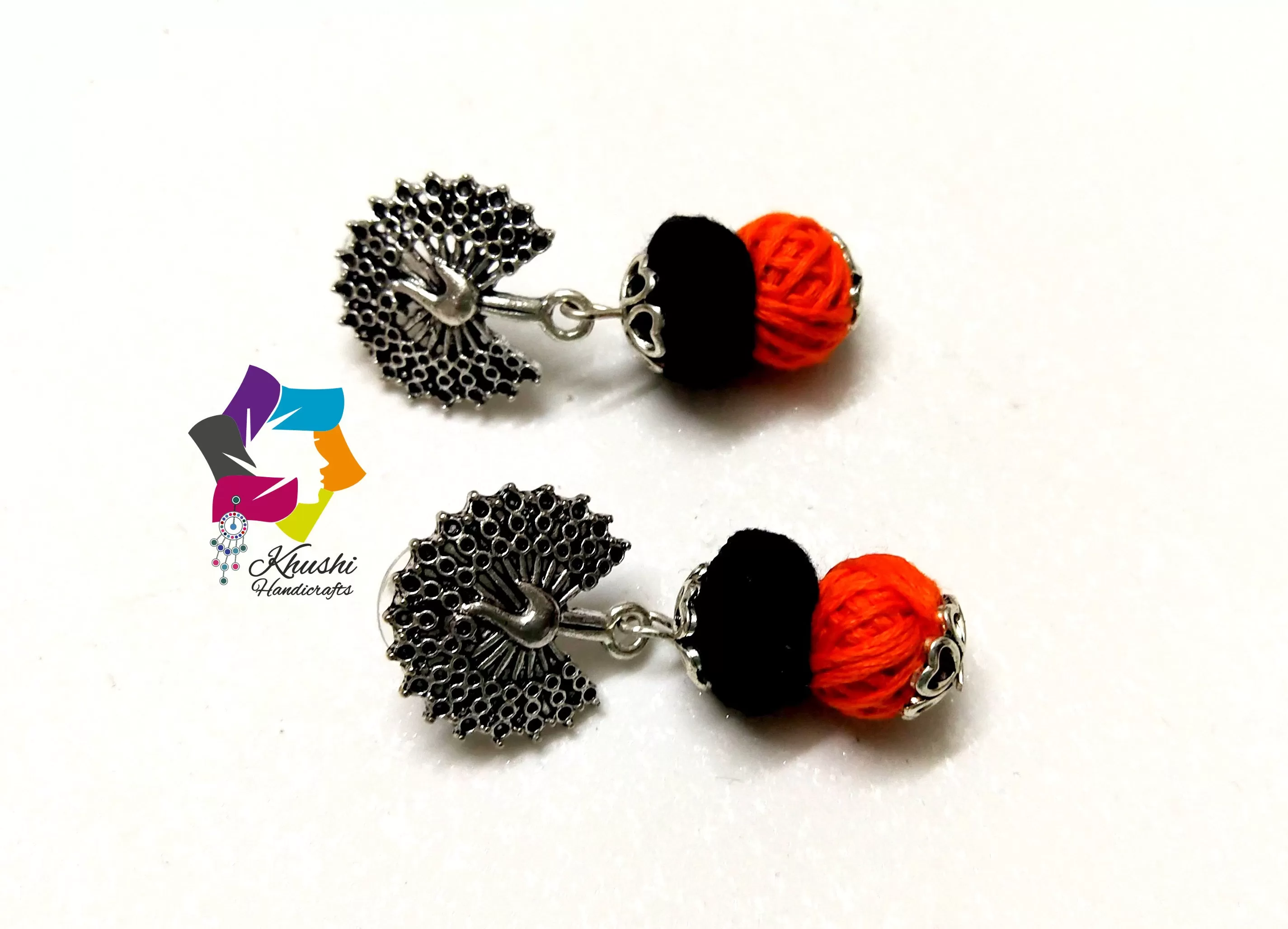 Peacock Oxidised silver Jewellery | Handmade German silver necklace in Black and Orange