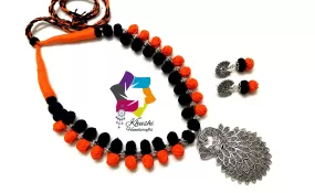 Peacock Oxidised silver Jewellery | Handmade German silver necklace in Black and Orange