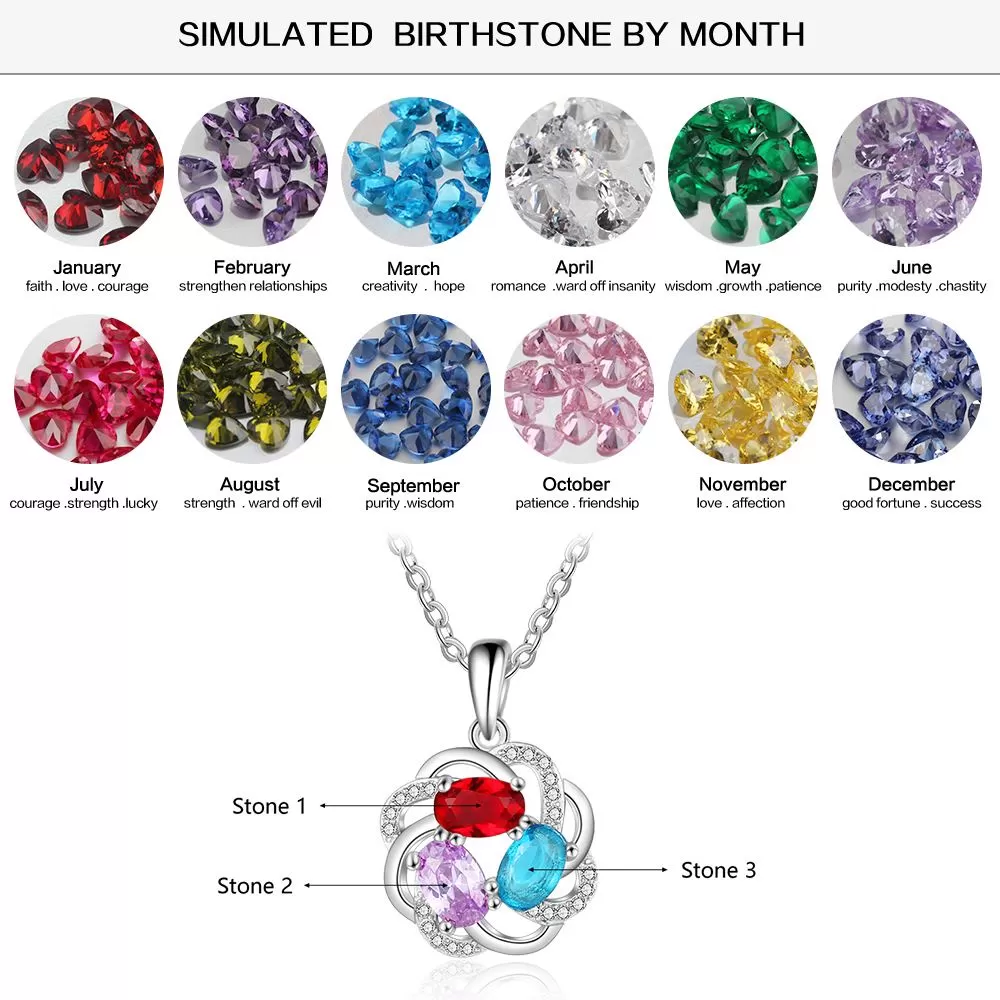 Personalized 3 Oval Birthstones Necklaces Flower Pendant