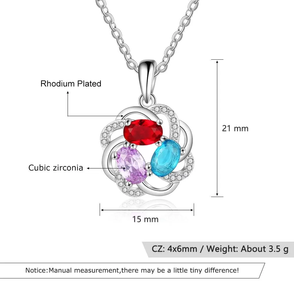 Personalized 3 Oval Birthstones Necklaces Flower Pendant