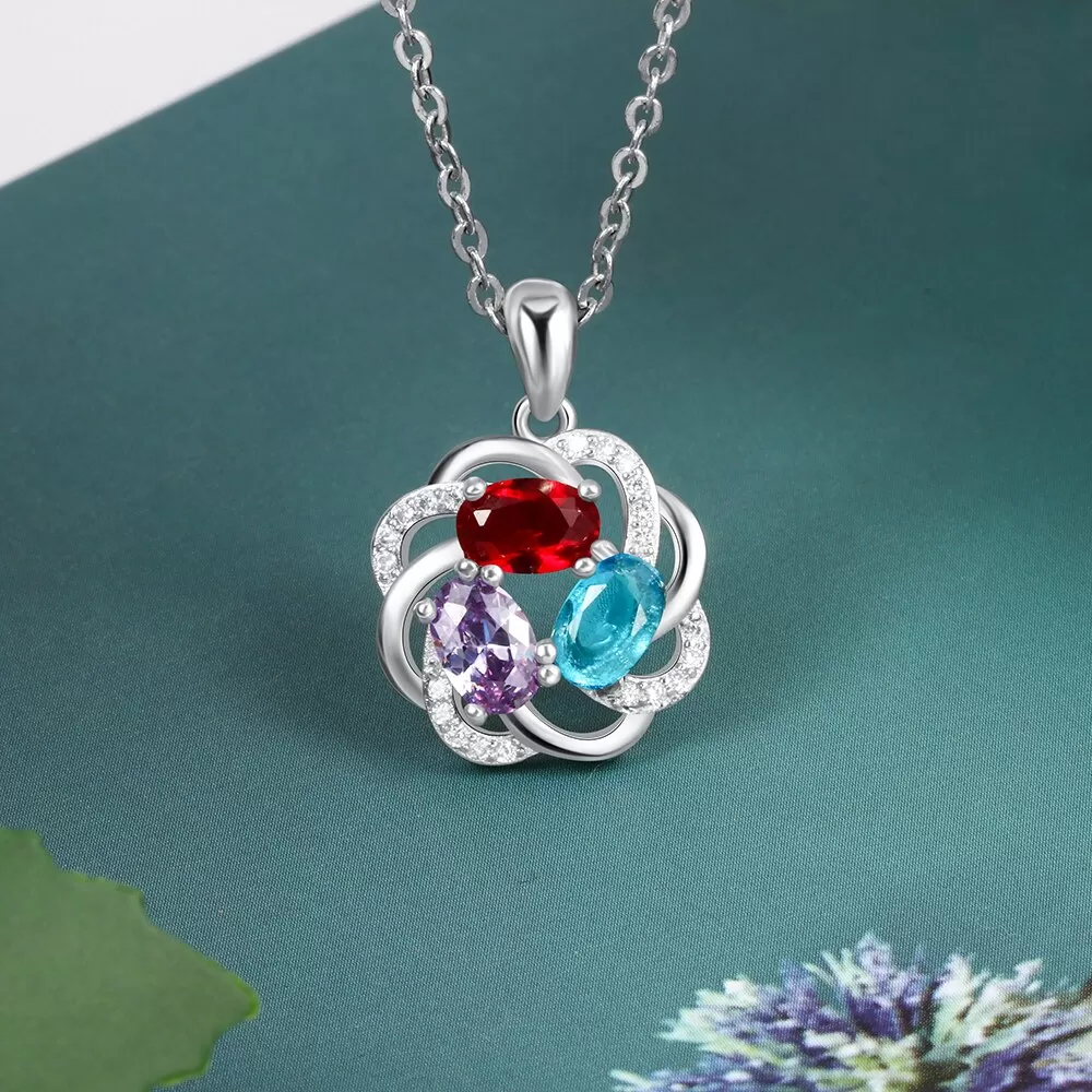 Personalized 3 Oval Birthstones Necklaces Flower Pendant