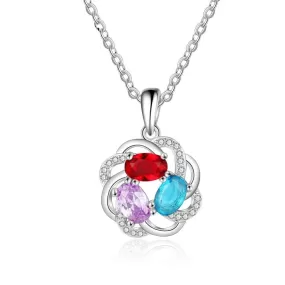 Personalized 3 Oval Birthstones Necklaces Flower Pendant