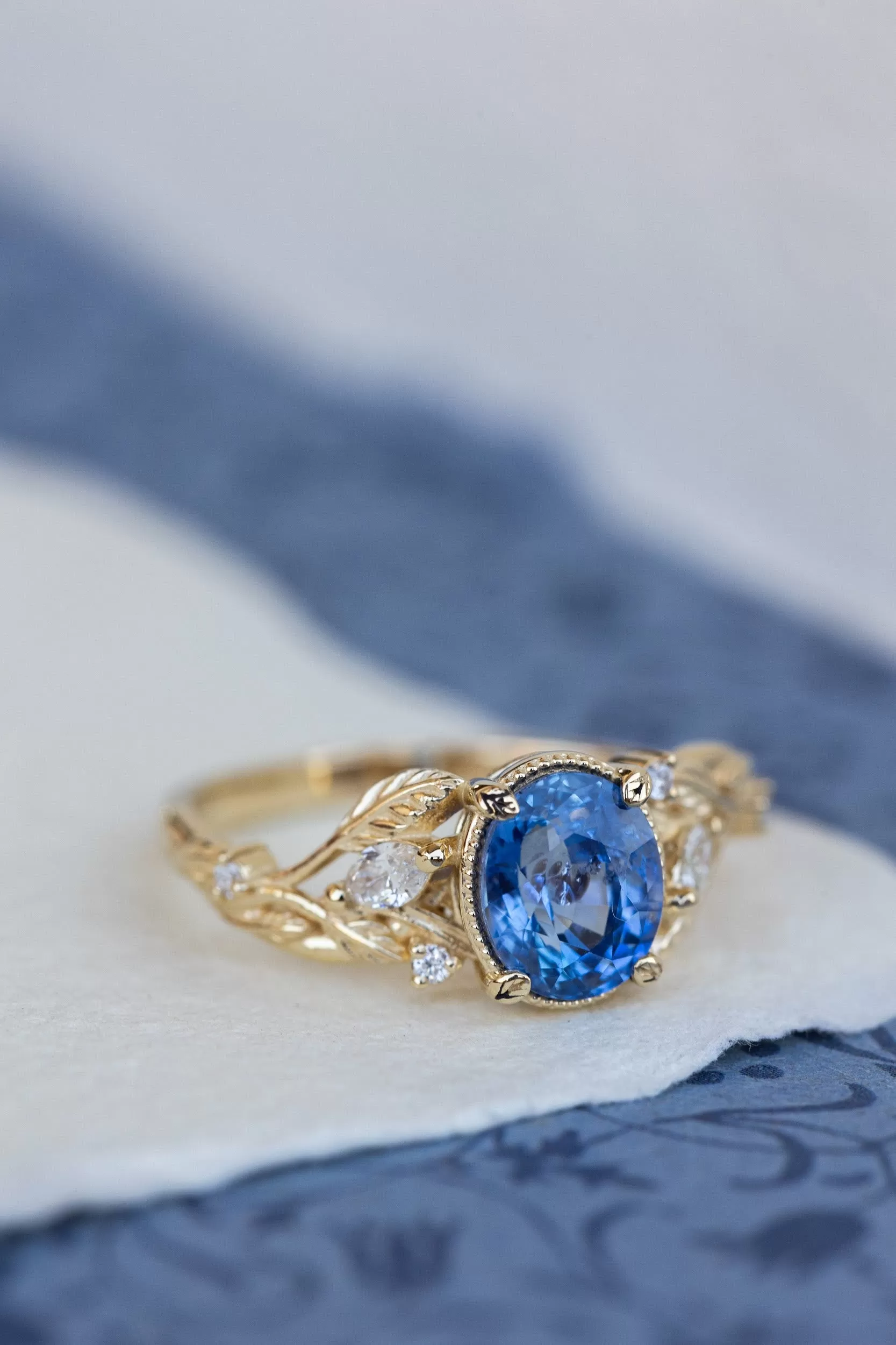 READY TO SHIP: Patricia ring in 14K yellow gold, natural blue sapphire oval cut 8x6 mm, accents natural diamonds, AVAILABLE RING SIZES: 6-8US