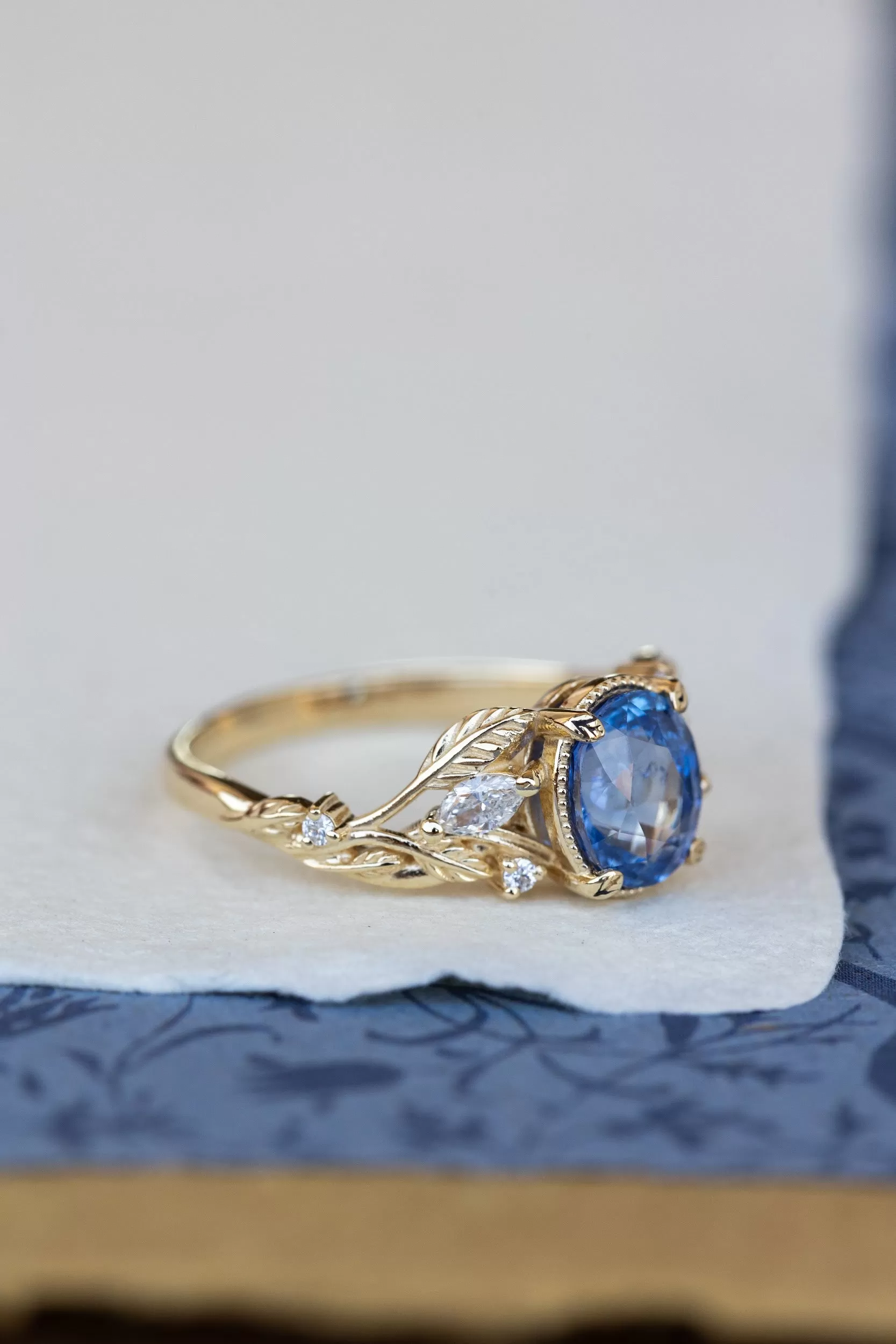 READY TO SHIP: Patricia ring in 14K yellow gold, natural blue sapphire oval cut 8x6 mm, accents natural diamonds, AVAILABLE RING SIZES: 6-8US