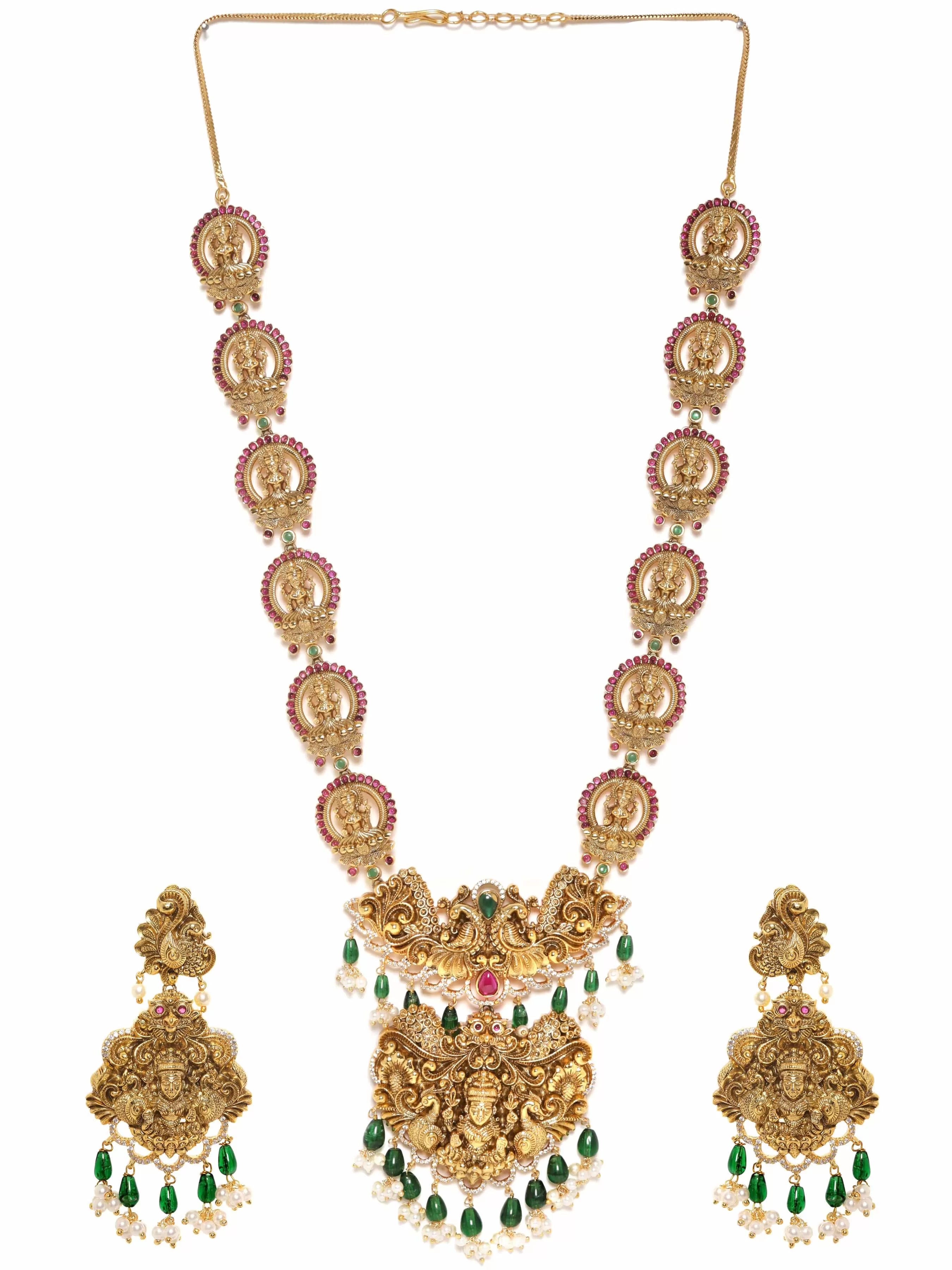 Rubans 22K Gold plated Kemp Red & Green Stone, Handcrafted Pearl beaded Temple Necklace Set