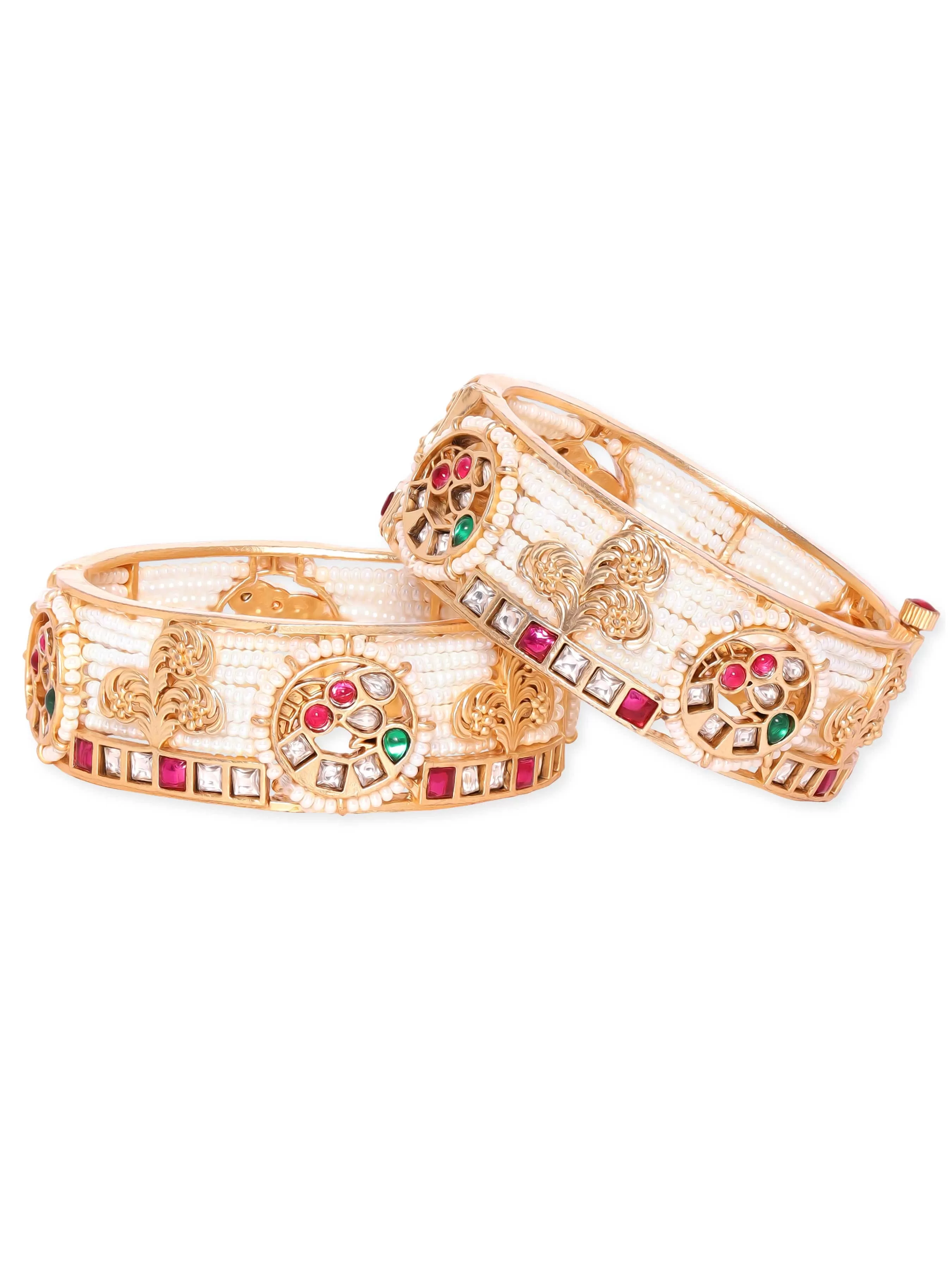 Rubans 24k Gold plated kundan & kemp studded pearl beaded handcrafted bangles