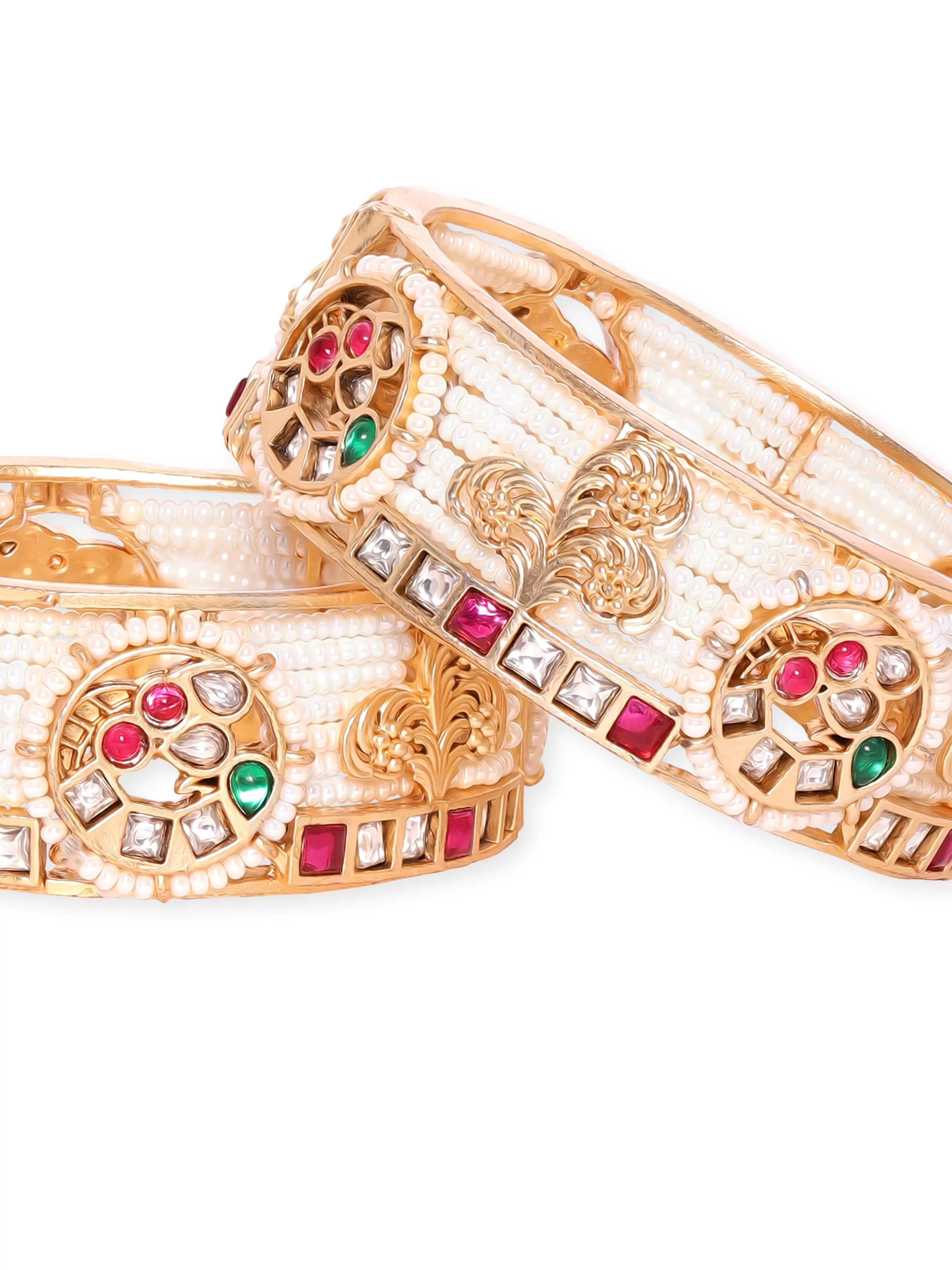 Rubans 24k Gold plated kundan & kemp studded pearl beaded handcrafted bangles