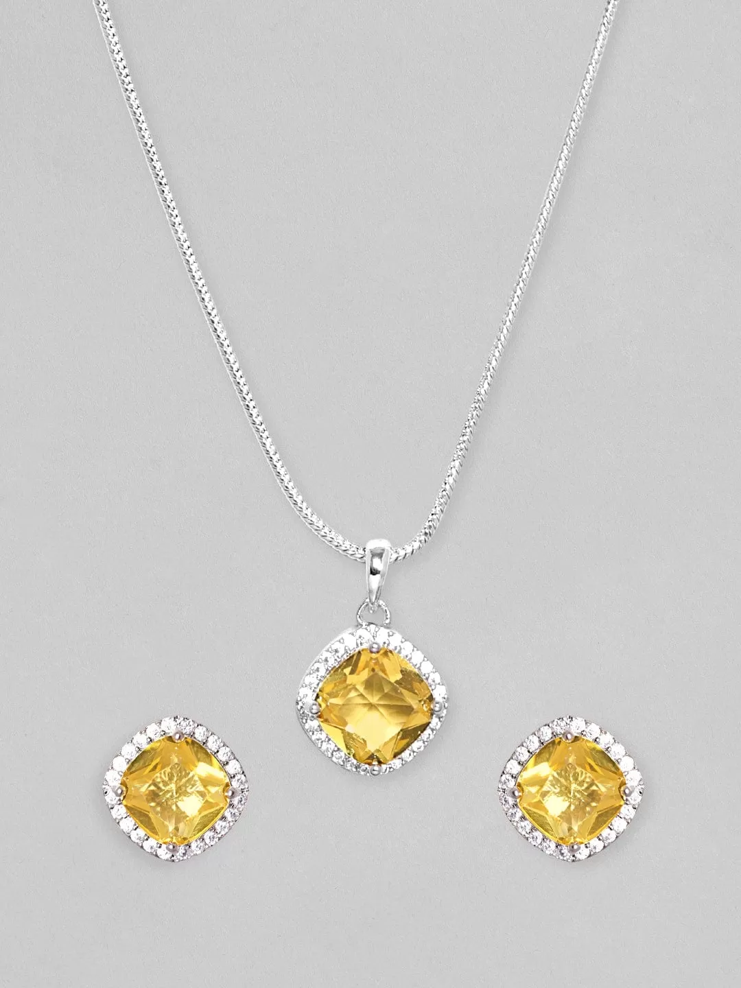 Rubans Rhodium Plated Yellow Sapphire Zirconia Studded Pendant Set