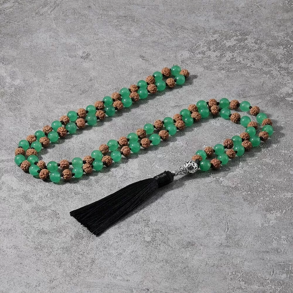 Rudraksha & Green Aventurine Beaded Knotted Mala Necklace