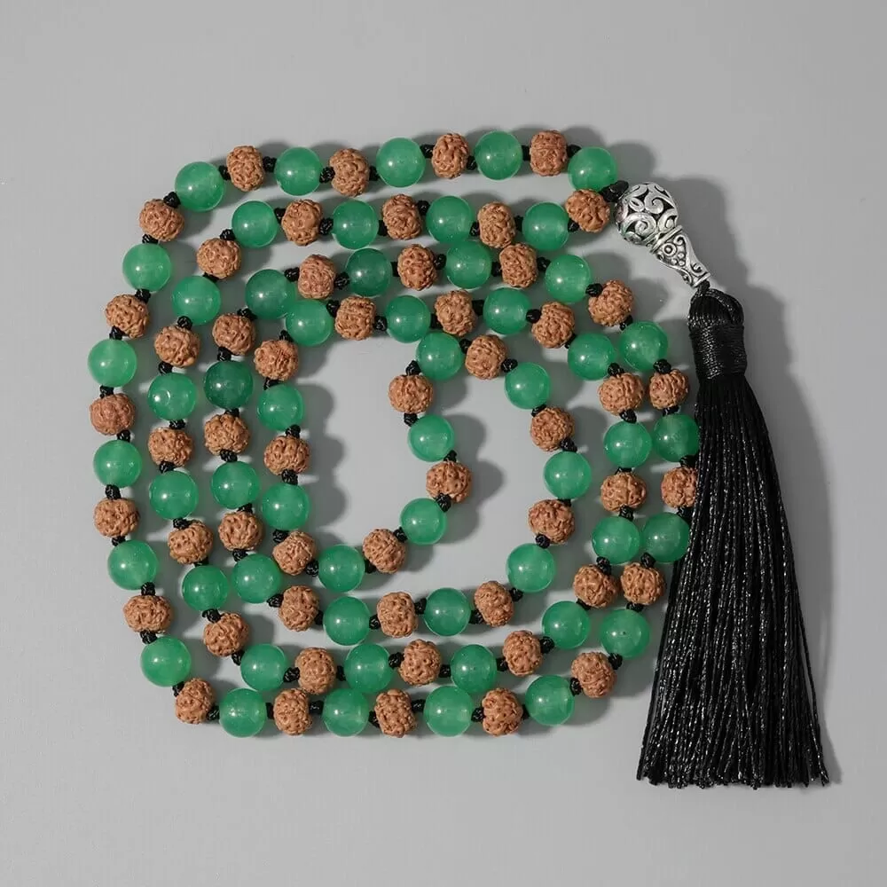 Rudraksha & Green Aventurine Beaded Knotted Mala Necklace