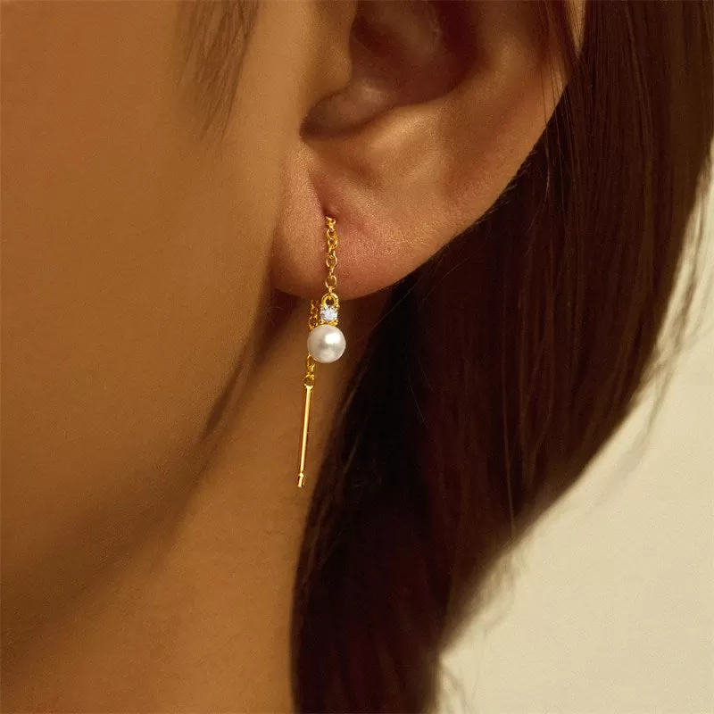 S925 Silver Threader Chain Earrings with White Pearl