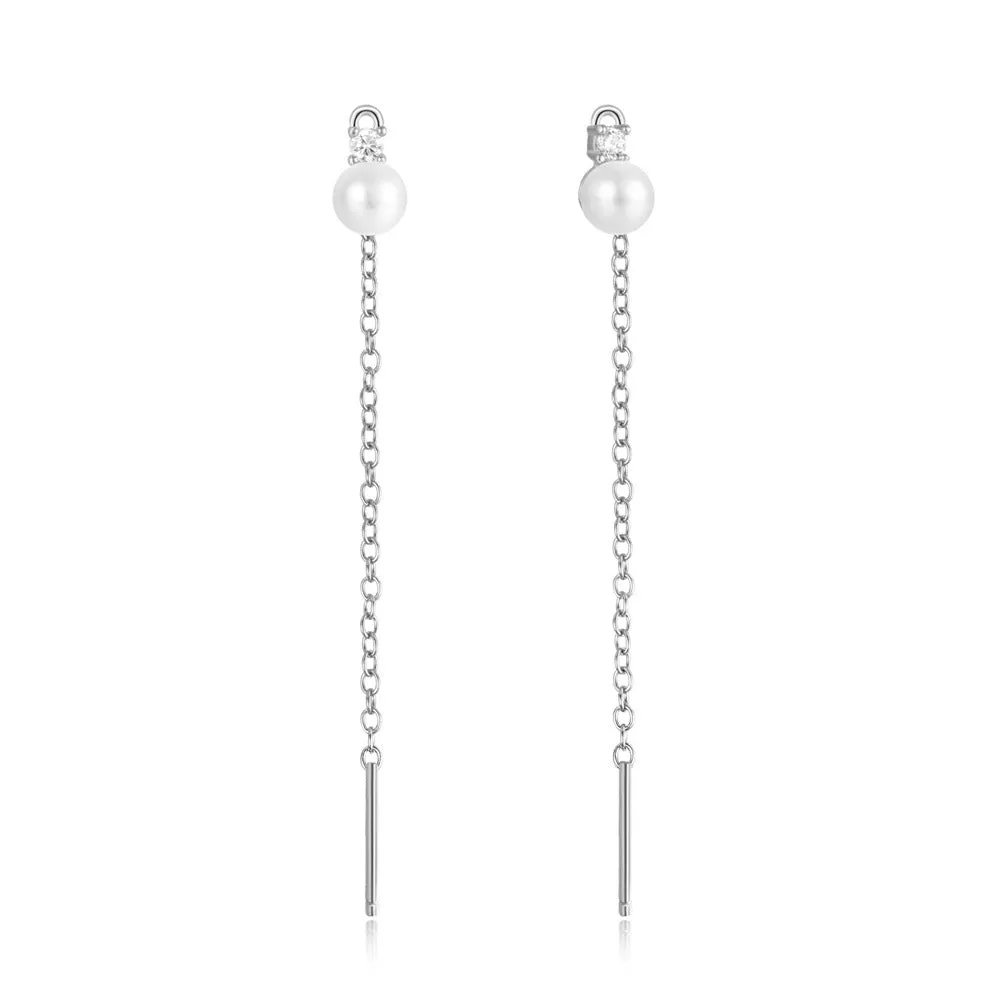 S925 Silver Threader Chain Earrings with White Pearl