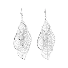 Silver Cut Out Leaf Long Dangle Earrings