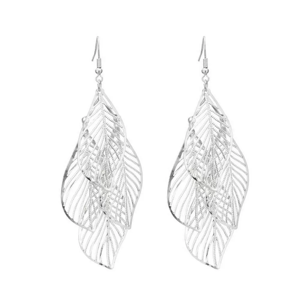 Silver Cut Out Leaf Long Dangle Earrings