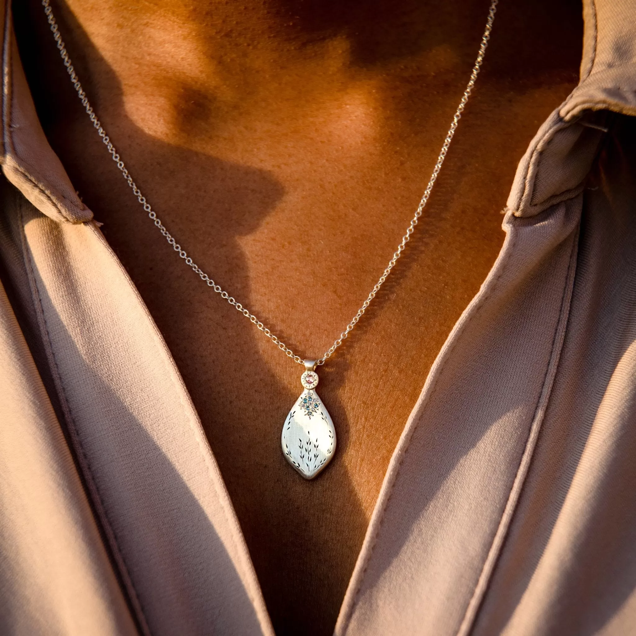 Silver Secret Garden Necklace with Aquamarines & Diamonds