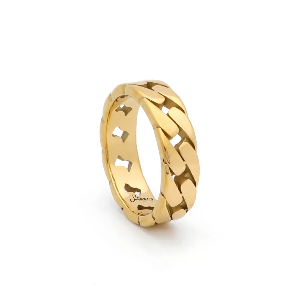 Stainless Steel Cuban Curb Chain Link Ring - Gold