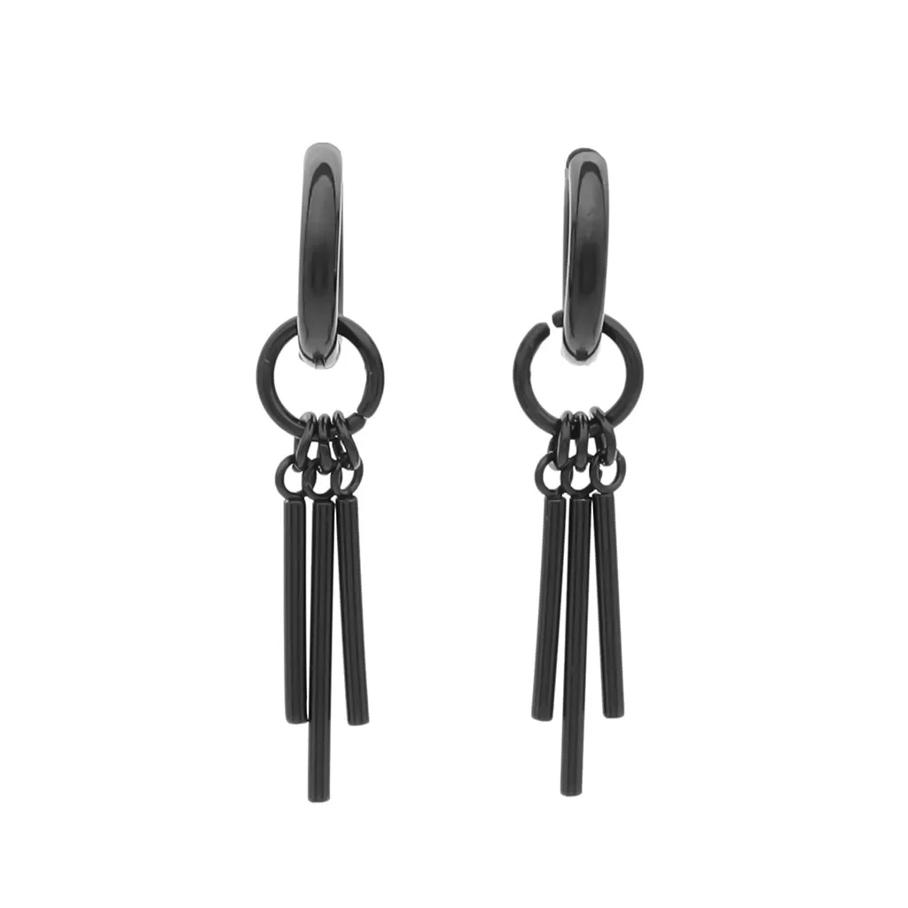 Stainless Steel Huggie Hoop Earrings with Bars Charm - Black