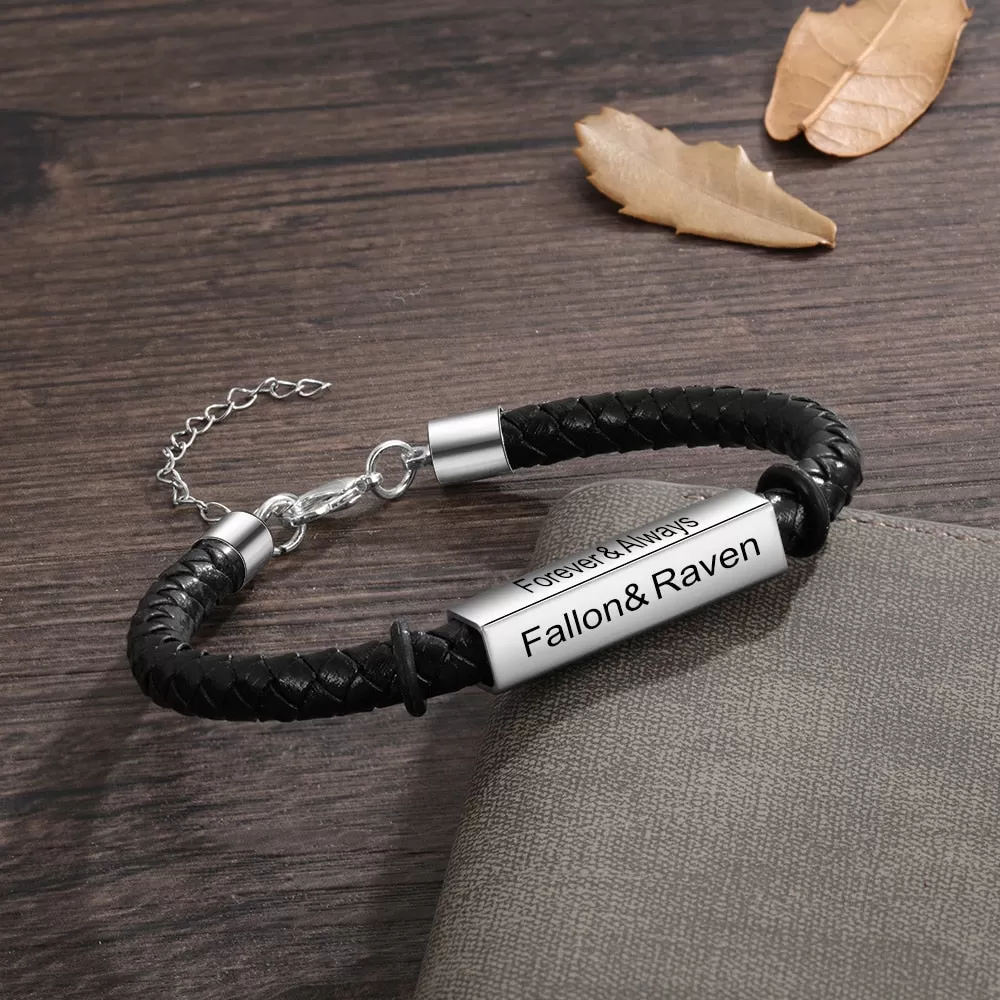 Stainless Steel Personalized Engraving Name Bar Bracelet 4 Side Custom Black Leather Bracelet for Men Fathers Day Gift