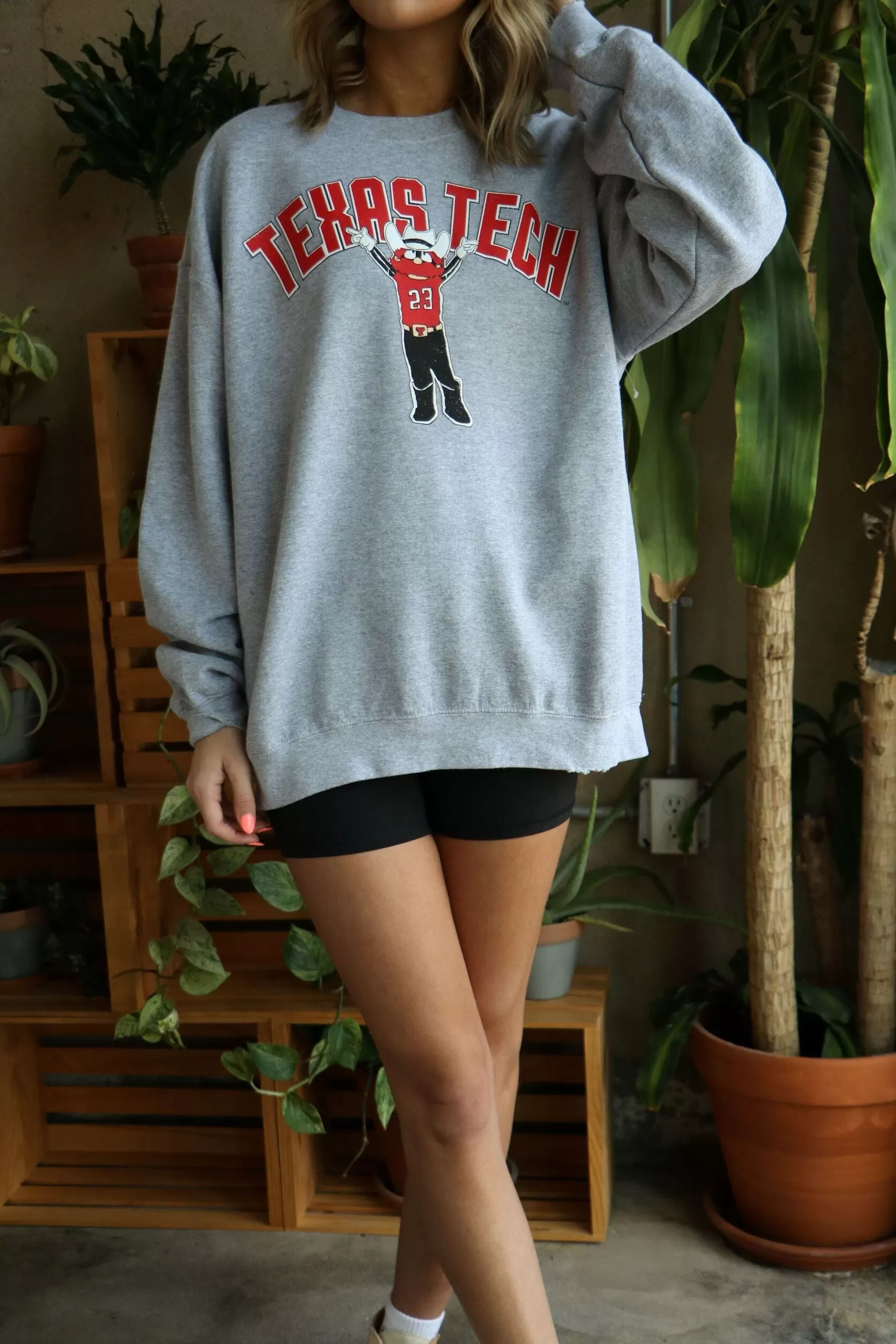 Texas Tech Cartoon Mascot Puff Ink Gray Thrifted Sweatshirt