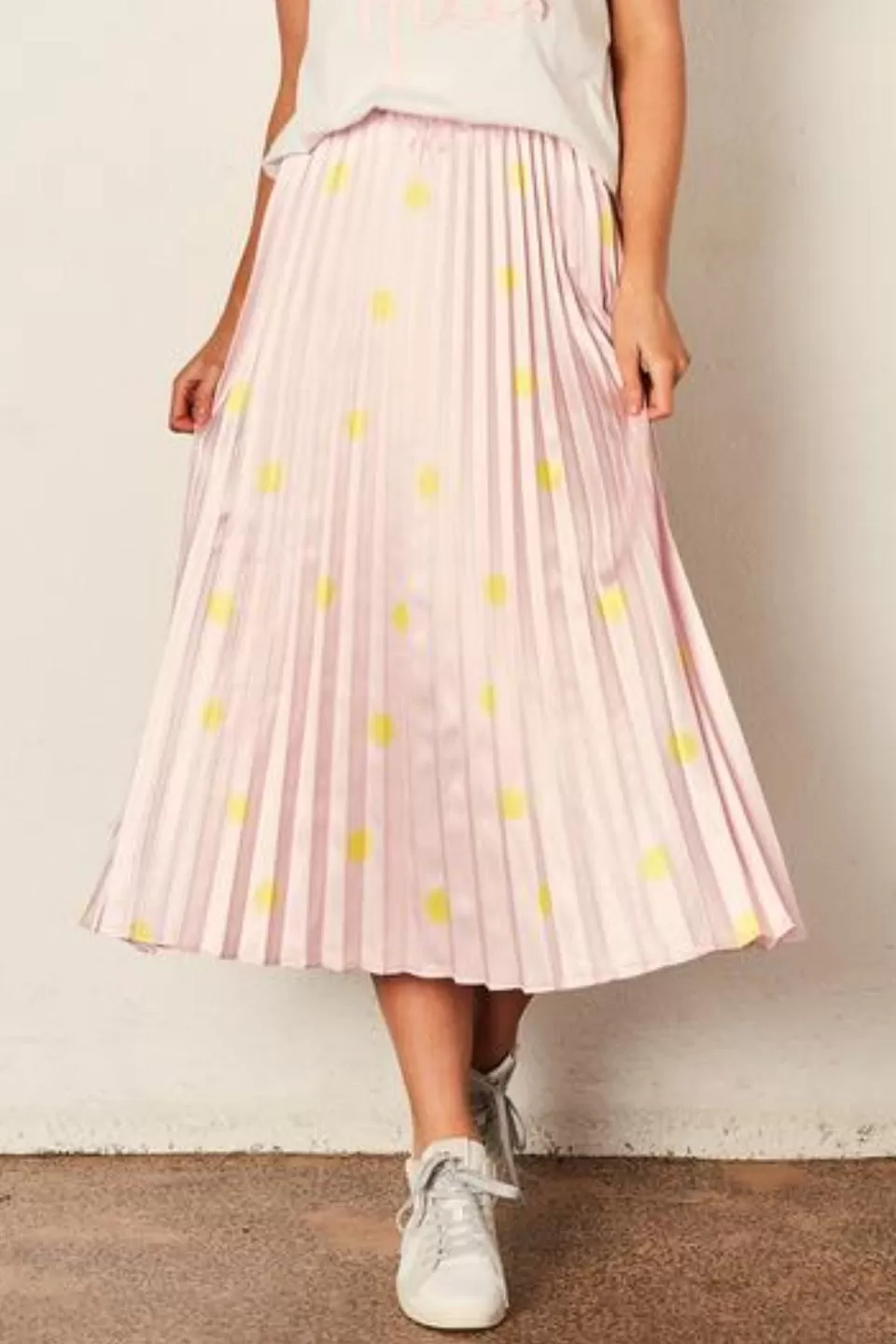 The Sunray Pleated Pink With Yellow Spot Midi Skirt