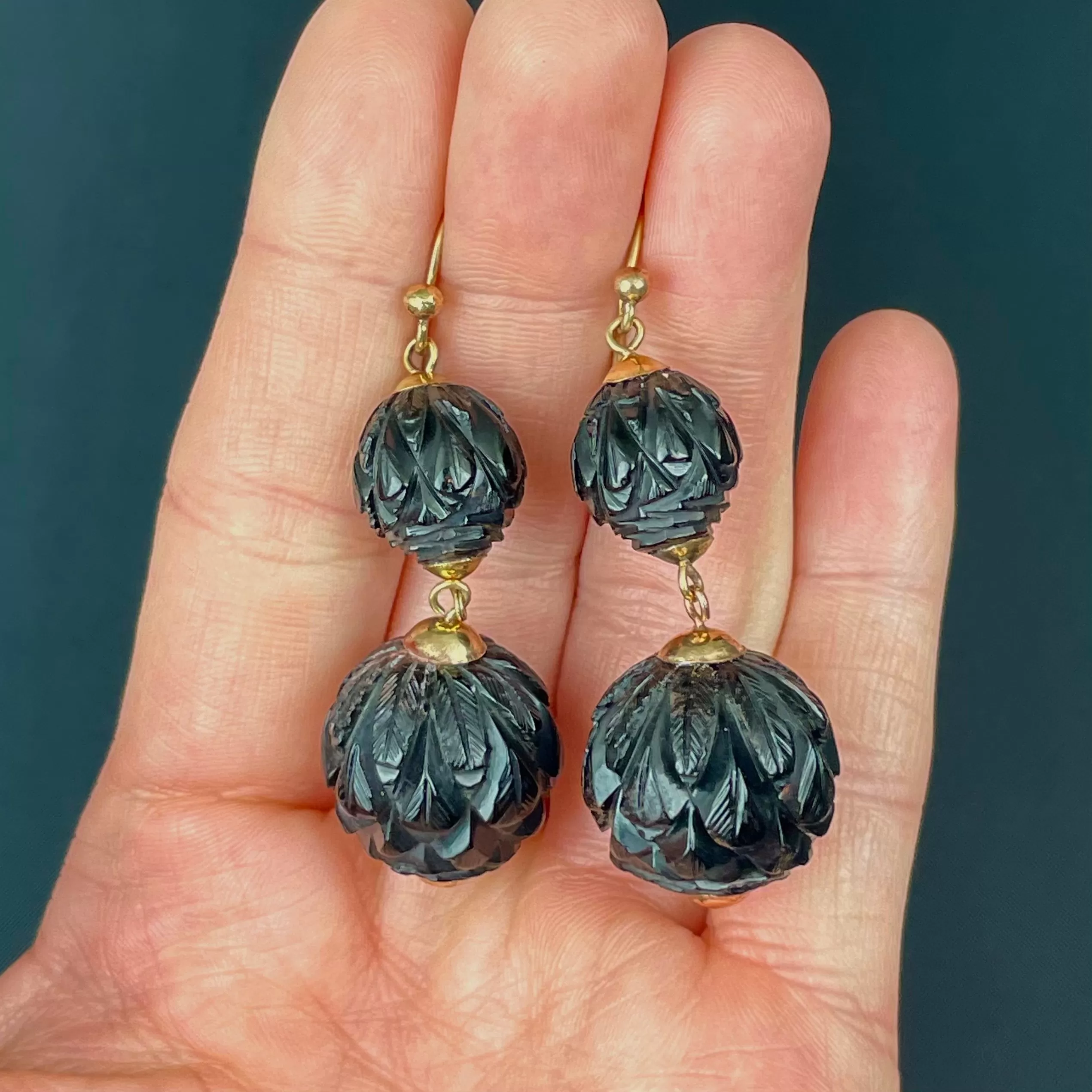 Victorian Carved Whitby Jet Dangle Earrings