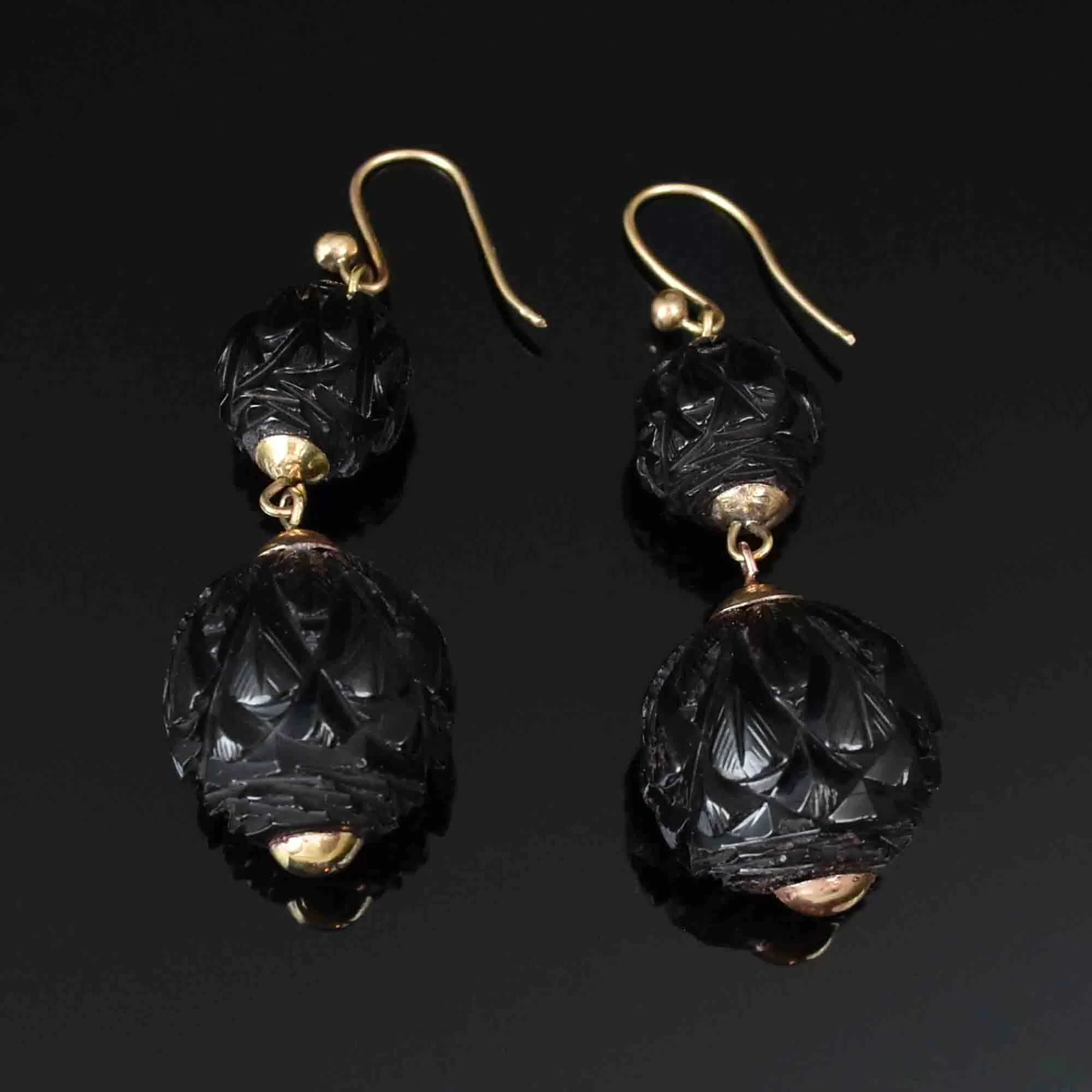 Victorian Carved Whitby Jet Dangle Earrings