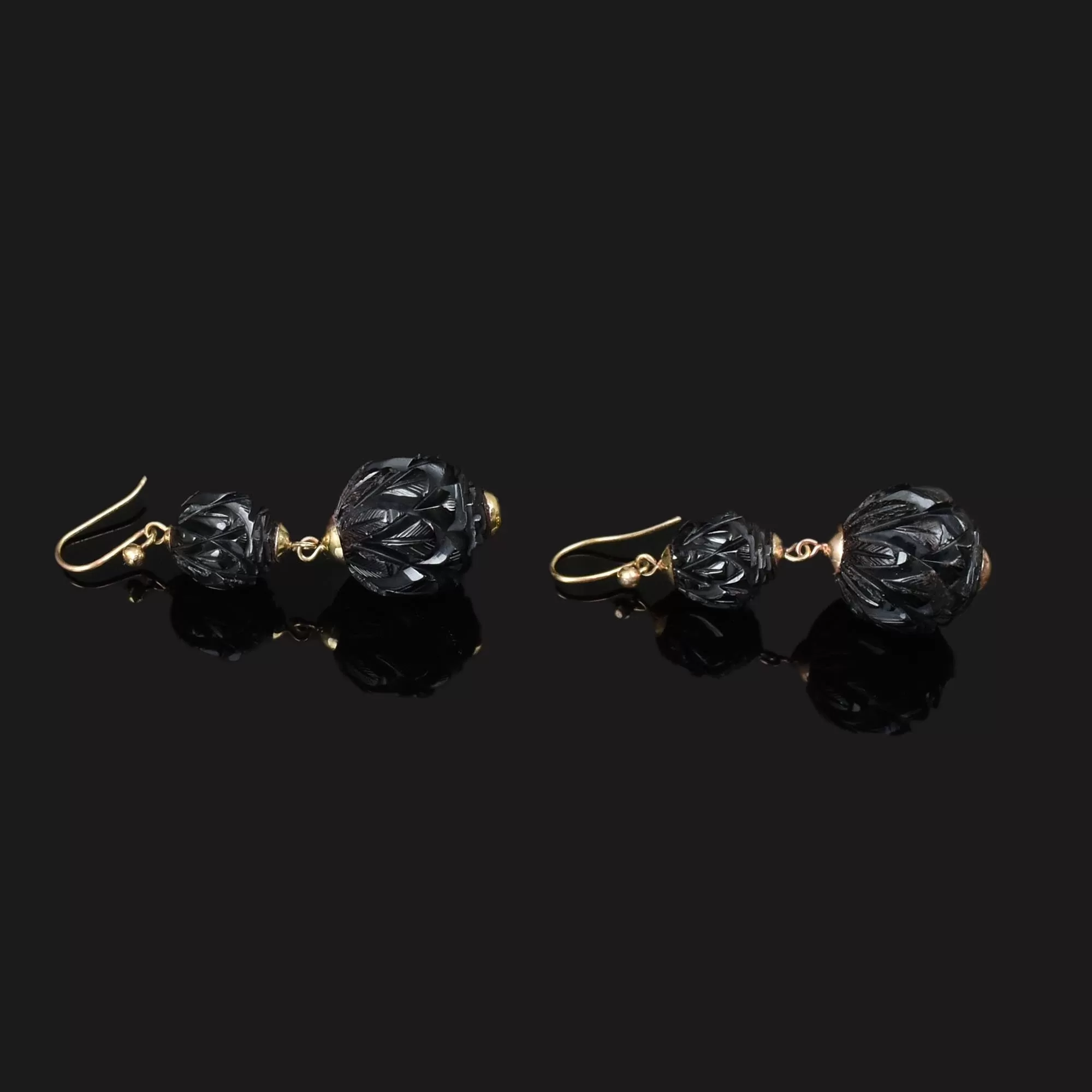 Victorian Carved Whitby Jet Dangle Earrings