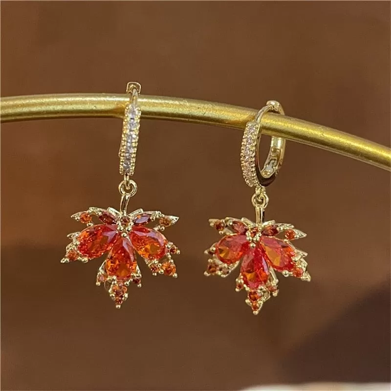 Vintage Crystal Red Maple Leaf Earrings