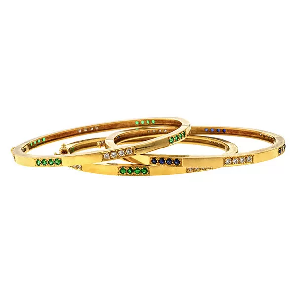 Vintage Emerald, Sapphire & Diamond Bangle Bracelet Stack