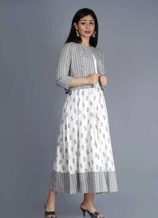 White Grey Cotton maxi Kurti Dress